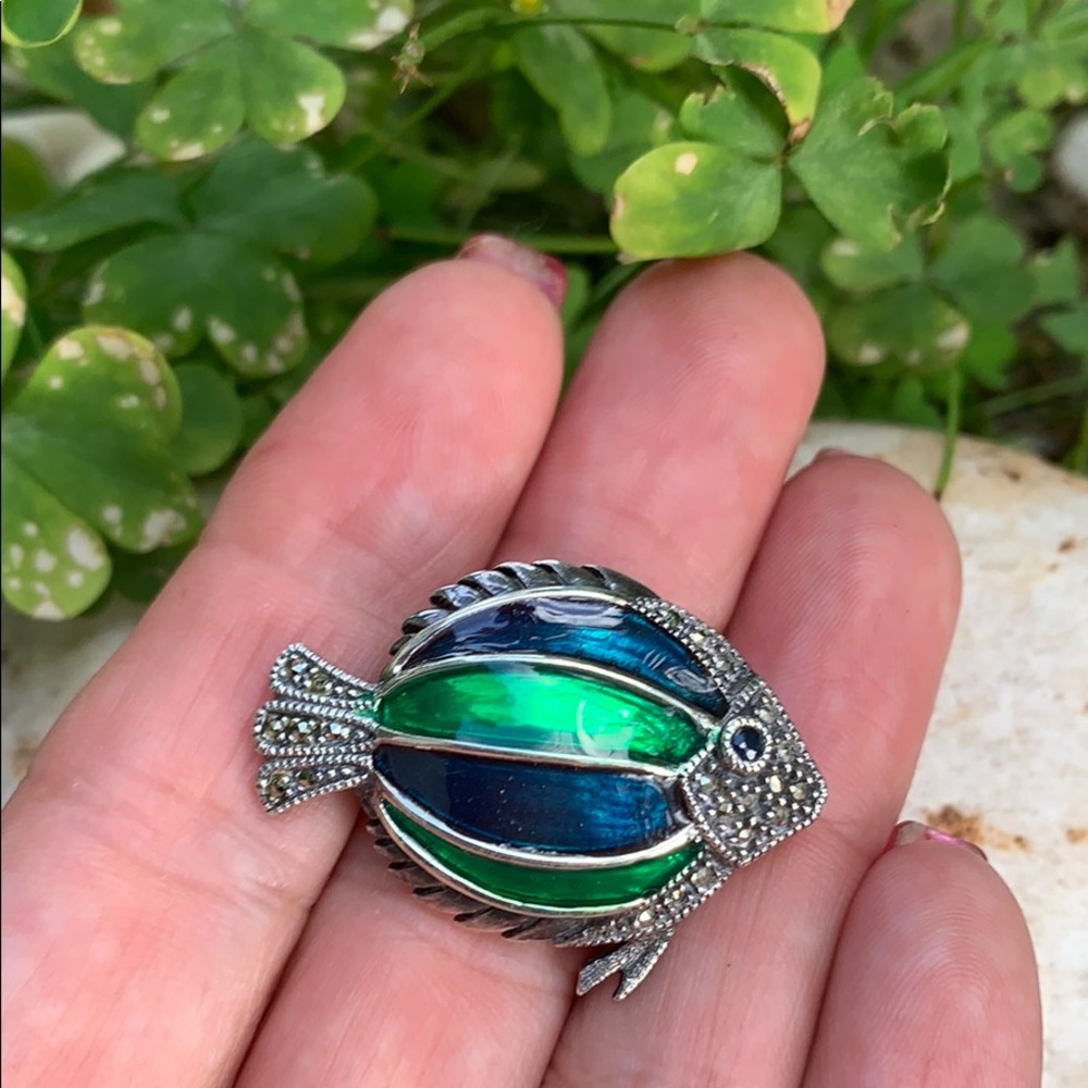 Vintage Sterling Silver & Enamel Fish Brooch